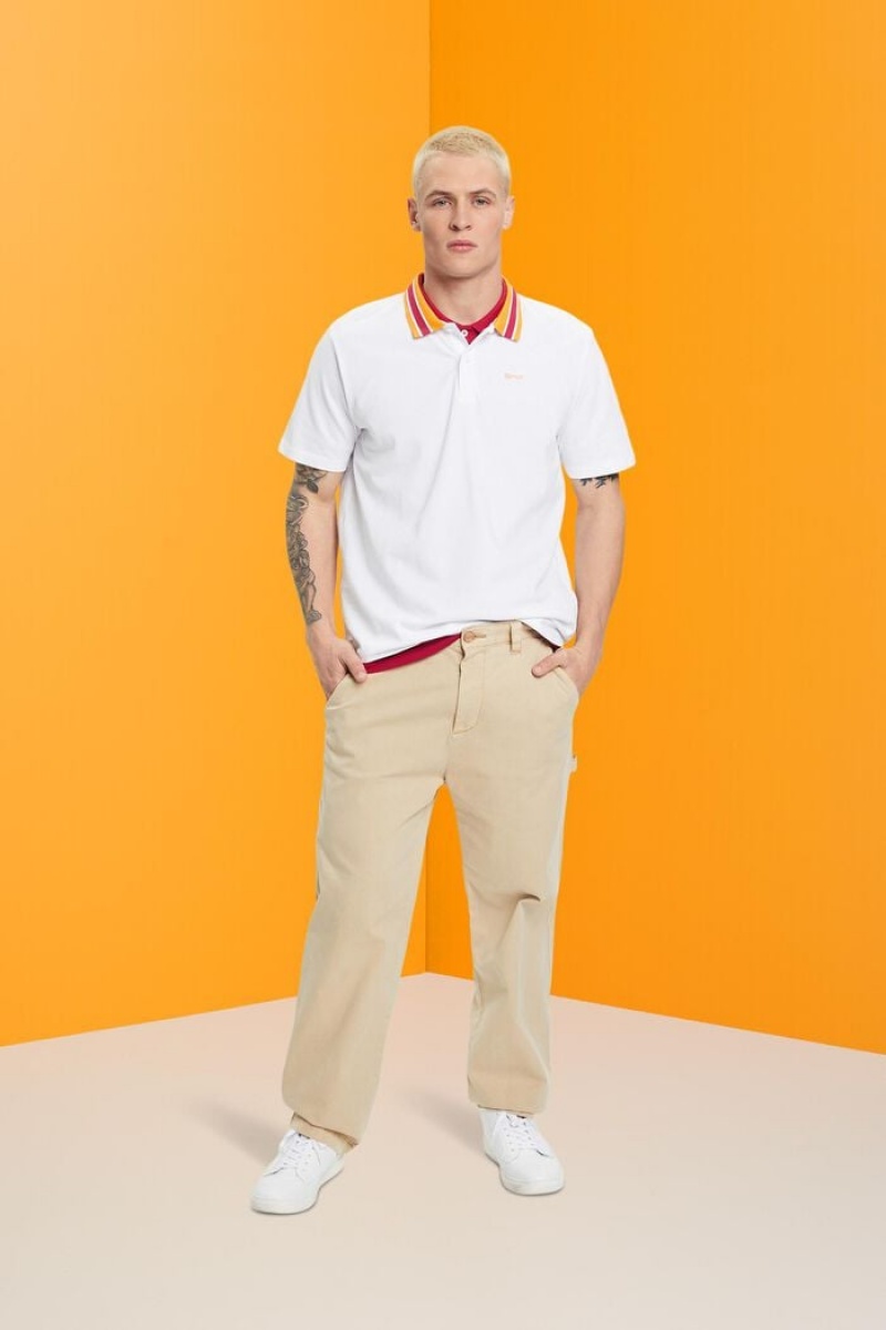 Pánské Polo Triko Esprit Bavlněné Pique With Pruhovaný Collar Bílé | SHV327081