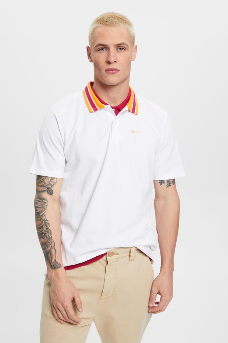 Pánské Polo Triko Esprit Bavlněné Pique With Pruhovaný Collar Bílé | SHV327081