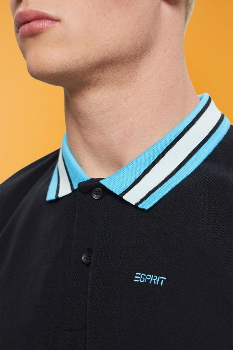 Pánské Polo Triko Esprit Bavlněné Pique With Pruhovaný Collar Černé | LDN964058