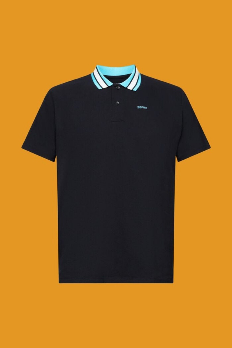 Pánské Polo Triko Esprit Bavlněné Pique With Pruhovaný Collar Černé | LDN964058