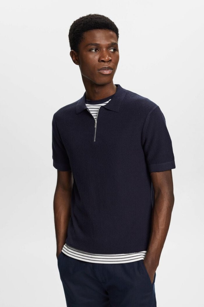 Pánské Polo Triko Esprit Textured Half-zip Tmavě Blankyt | MFD827409