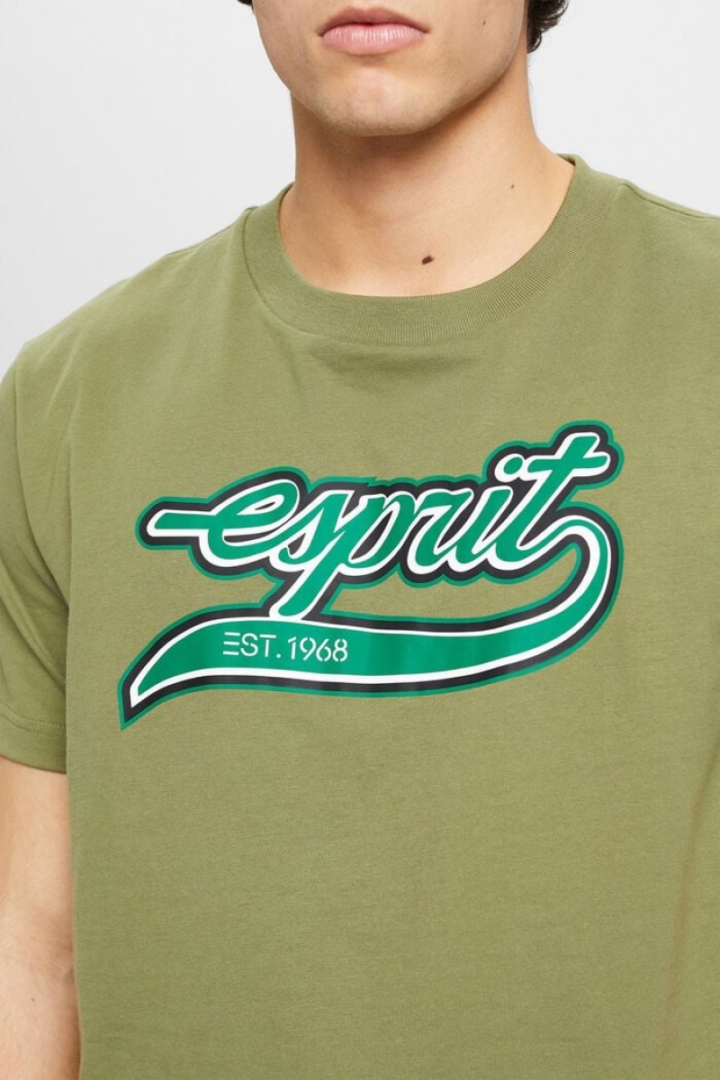 Pánské Tričko Esprit Retro Logo Bavlněné Olivy Zelené | DKP061794